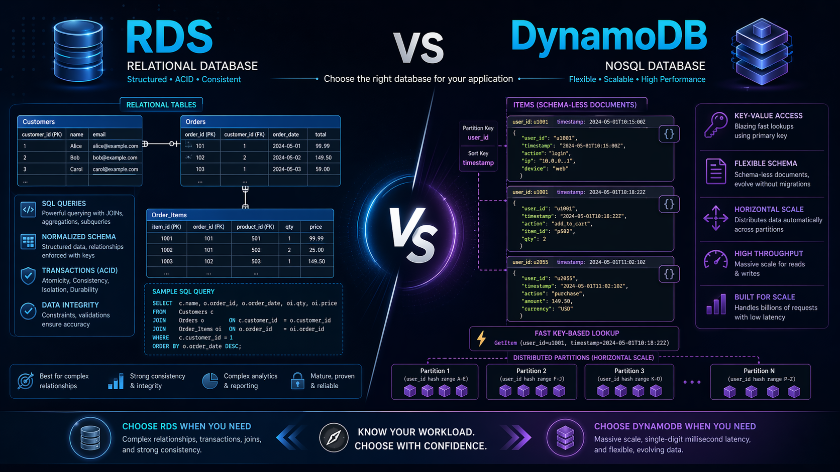 RDS versus DynamoDB comparison with relational and NoSQL decision cues